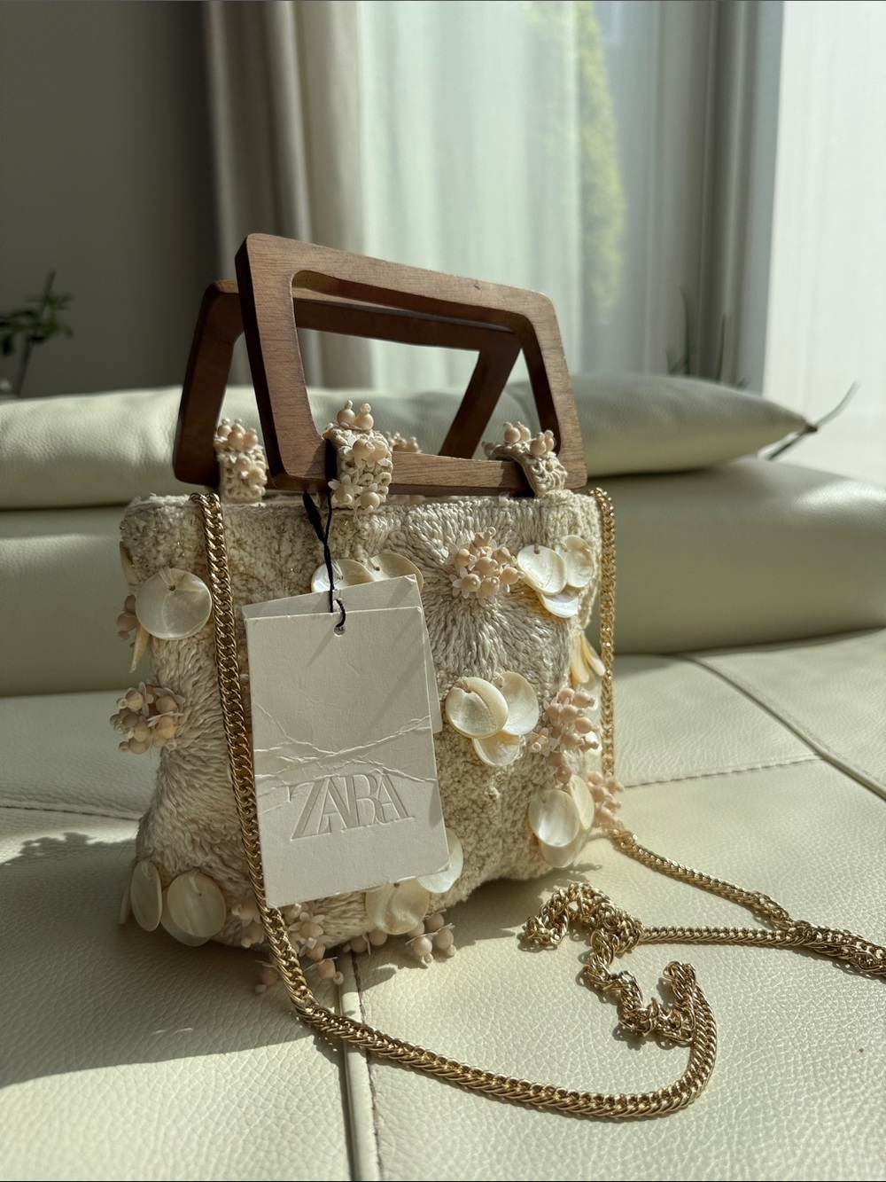 ZARA Cream Embellished Mini Tote with Wooden Top Handles